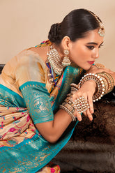 South Indian Light Blue & Cream Contrast Pure Dharmavaram Silk Designer Saree